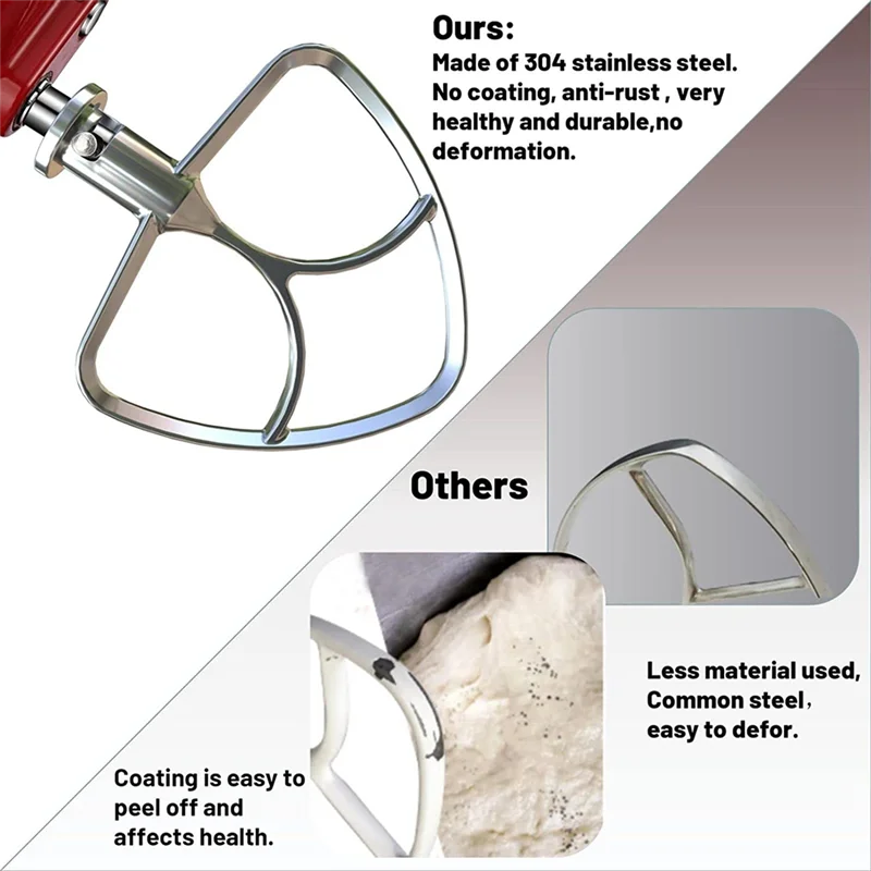 스테인레스 스틸 플랫 비터, 4.5-5QT 스탠드 믹서 액세서리 교체, 코팅 없음, 식기 세척기 안전