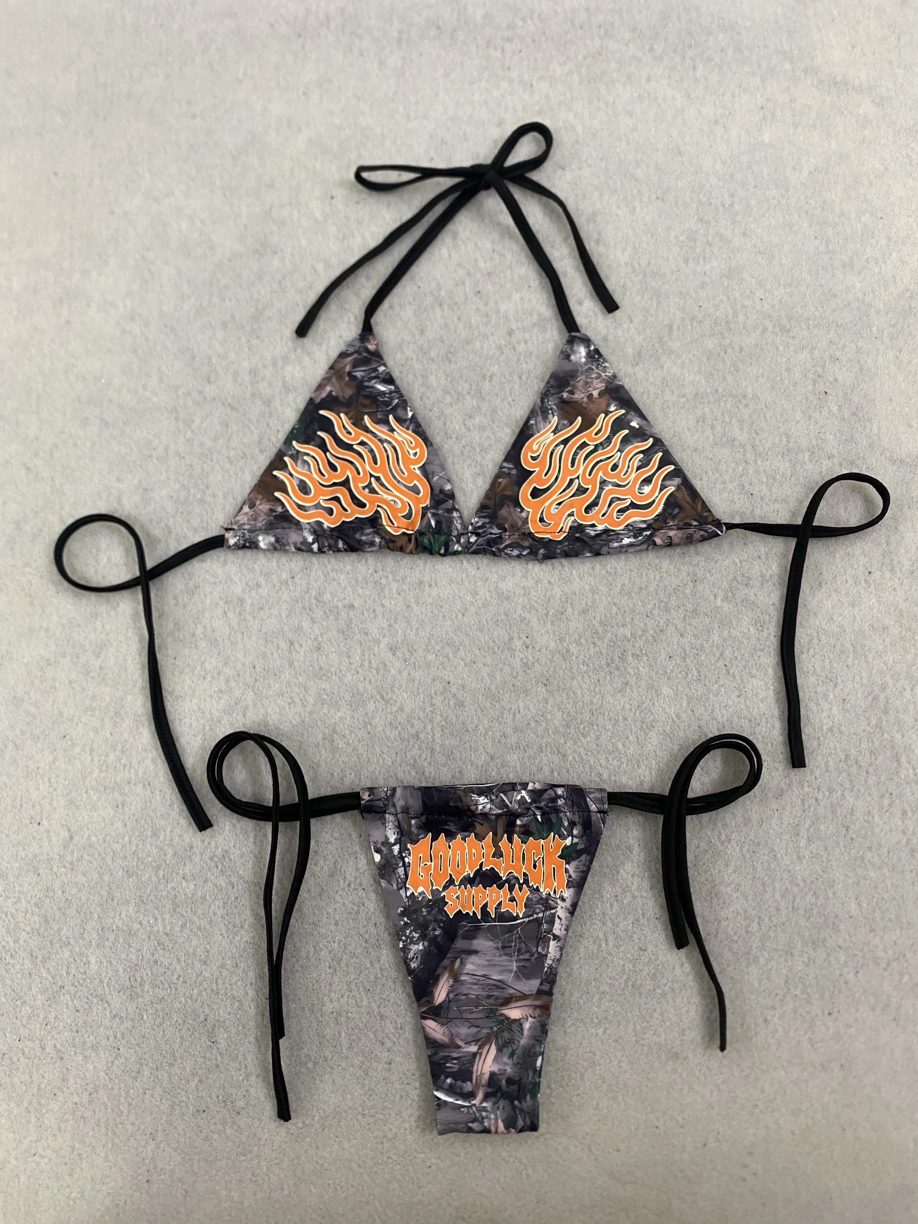 Camouflage Flame Letter Triangle Bikini Halter Tie Two Piece Swimsuit Streetwear Bathing Suit