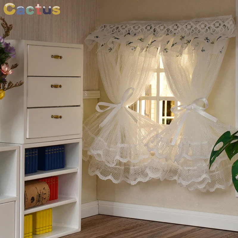 1 Set 1/12 Dollhouse Lace Window Curtain Dollhouse Mini Bedroom Furniture Accessories Dolls House Decoration For Kid Toys