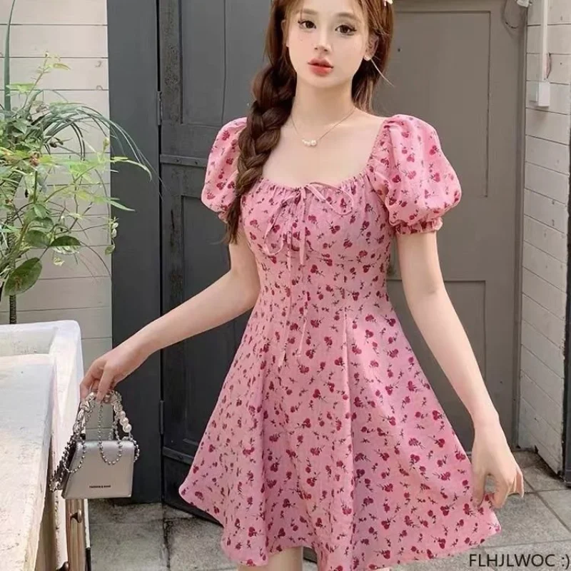 Korean Chic Dress Elegant Temperament New 2023 Woman Japan Floral Print V Neck A Line Lace-Up Bow Tie Retro Vintage Cute Dress