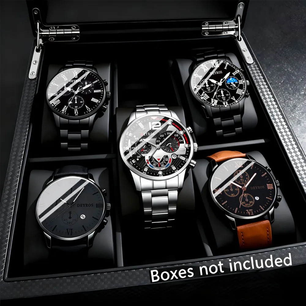 5‑Pcs Luxury Men Watch Set, 5‑Piece Multi‑Function Chronograph Quartz Watches with Stopwatch Function, Men Gift
