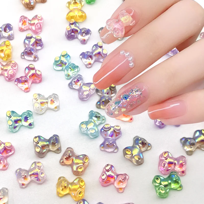 10PCS 3D Holographic Aurora Colored Cute Bear Nail Art Rhinestones Decorations Crystal Glue Nail Patches DIY Ornaments Manicure