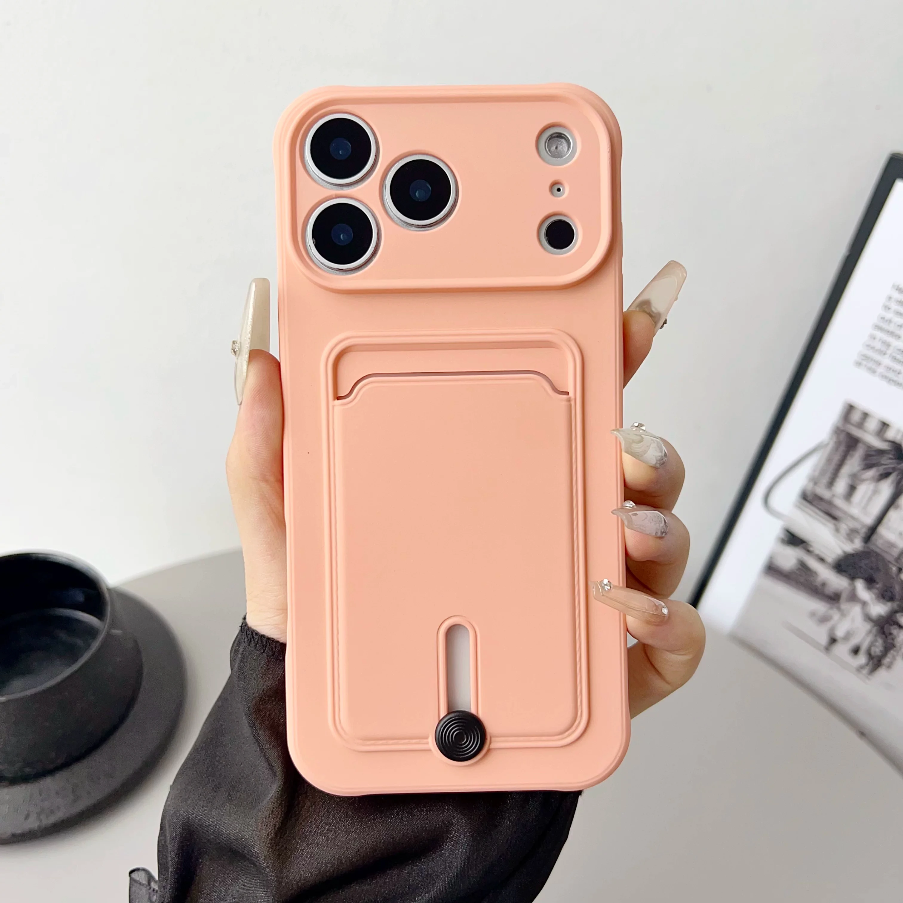 Donker kersenkleurige siliconen telefoonhoes met kaarthouder voor iPhone 18 17 16 15 14 13 Pro Max, schokbestendige achterkant