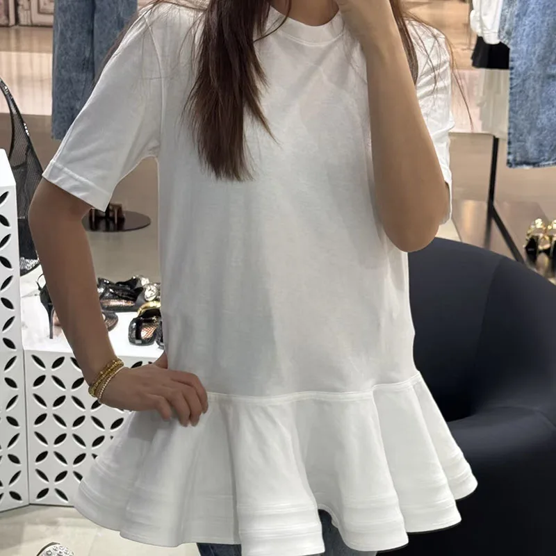 Sweet and youthful lace-edge stitched bottom hem loose-fitting slimming versatile short-sleeved T-shirt 2026 new style