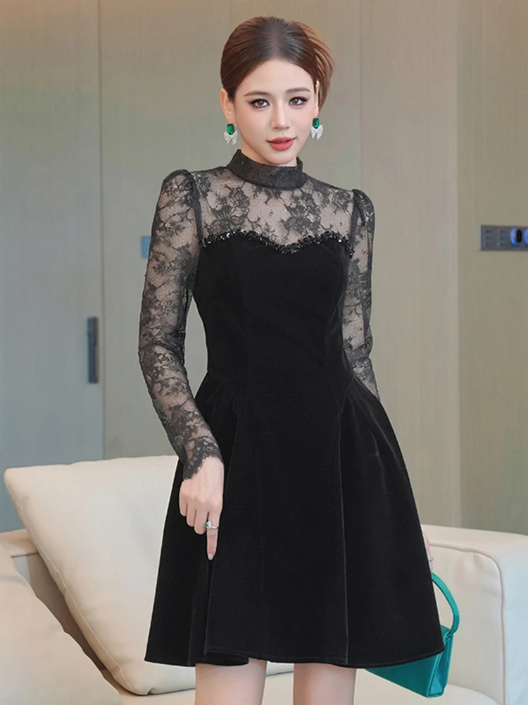 

Французские элегантные вечерние платья, женские прозрачные кружевные черные бальные платья с цветочной вышивкой, женские сексуальные банкетные платья