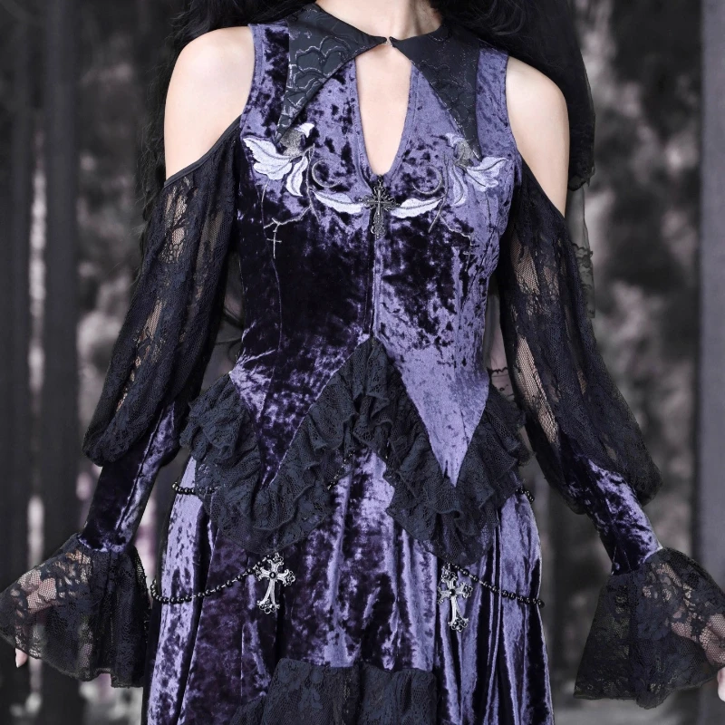 Purple Sexy Women's Clothing 2025 New Velvet Atmosphere Embroidered Pointed Collar Lace Hollow Out Flared Sleeve Gothic Top Girl