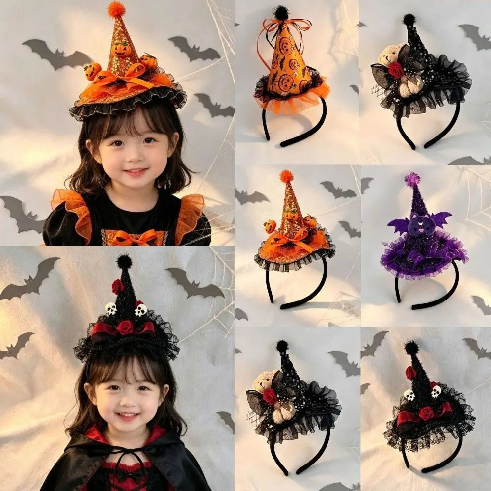 Lace Halloween Witch Hat Hair Hoop Flower Bow Halloween Party Hair Band Cartoon Party Decor Hat Halloween Headband