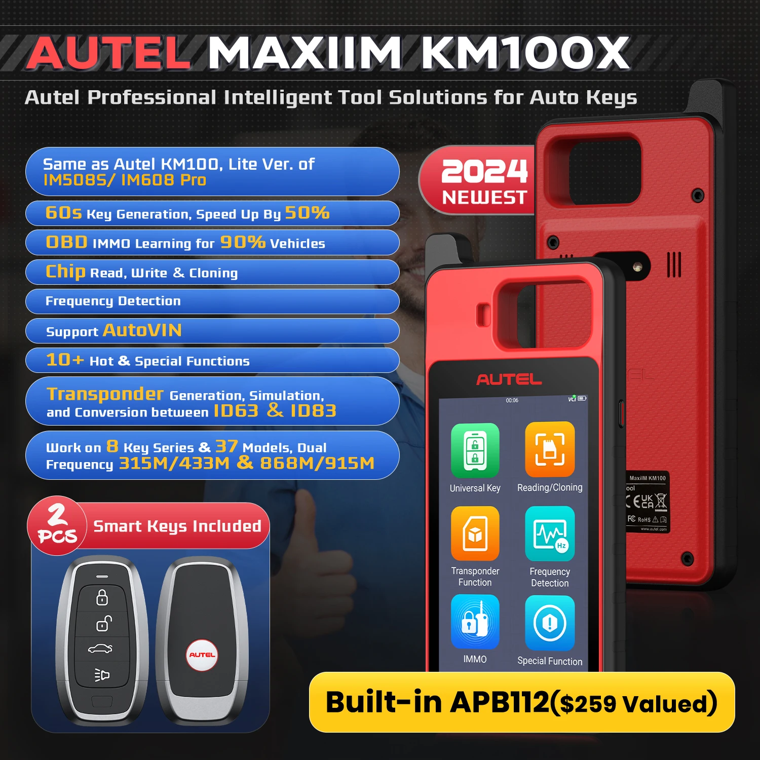 Autel MaxiIM KM100 KM100X IKEY Car Key Fob Programmer Immobilizer Tool IMMO Learning Chip Read/Write For BMW/VW/Toyota/Honda