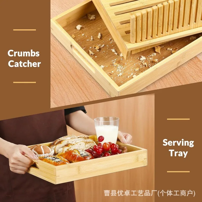 Bamboo Bread Slicer with Crumb Tray Adjustable Width Toast Cutter for Home Kitchen Baking