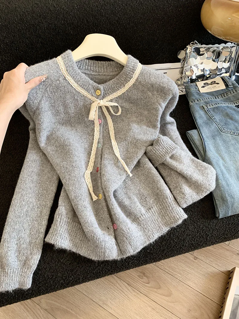 Women's Autumn Winter round Neck Long Sleeve Casual Sweater Y2K Bow Tie High Street Fashion Cute Retro Top Warm Sweater Clothes