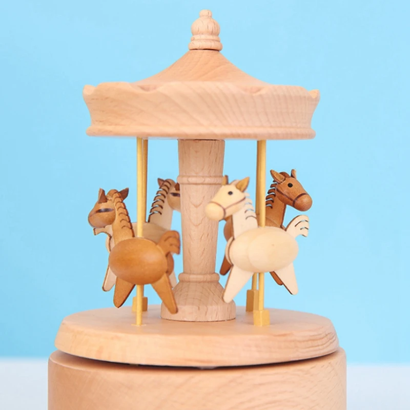 Carousel Music Box, Natural Beech Wood 4-Horse Carousel Clockwork Musical Box For Kids Girls Friends Birthday