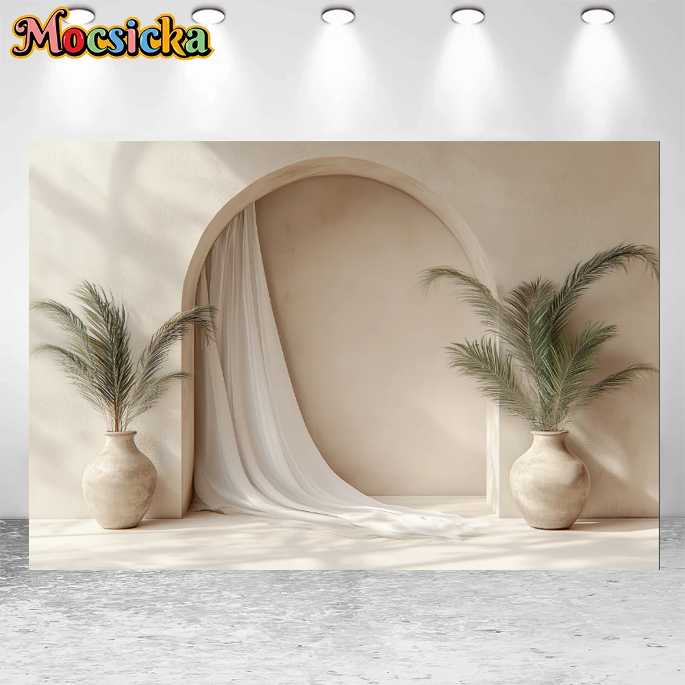 Mocsicka Pink Wall Arch White Curtains Floral Floor Vase Surreal Minimalist Octane Render 3D Lighting Photography Background