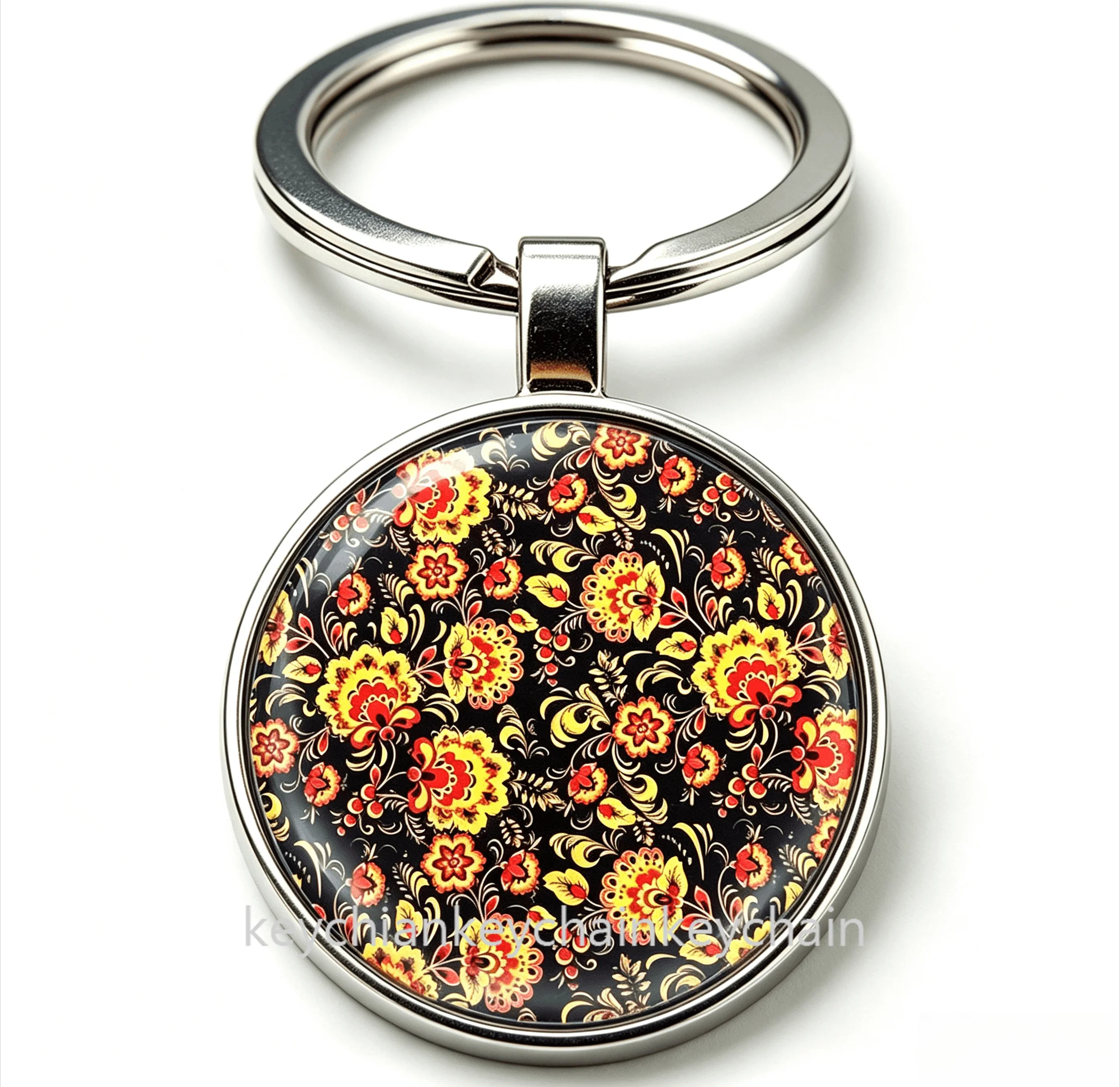 Floral Keychain, Russian Folk Red Yellow Flower Round Keyring, Ethnic Souvenir