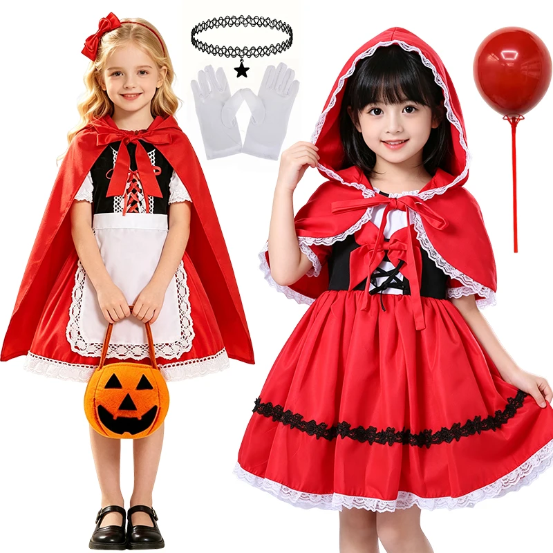 Children Fairytale Themed Cosplay Outfit Girl Red Cloak Apron Dress With Hair Hoop Necklace For Holiday Masquerade Stage Show