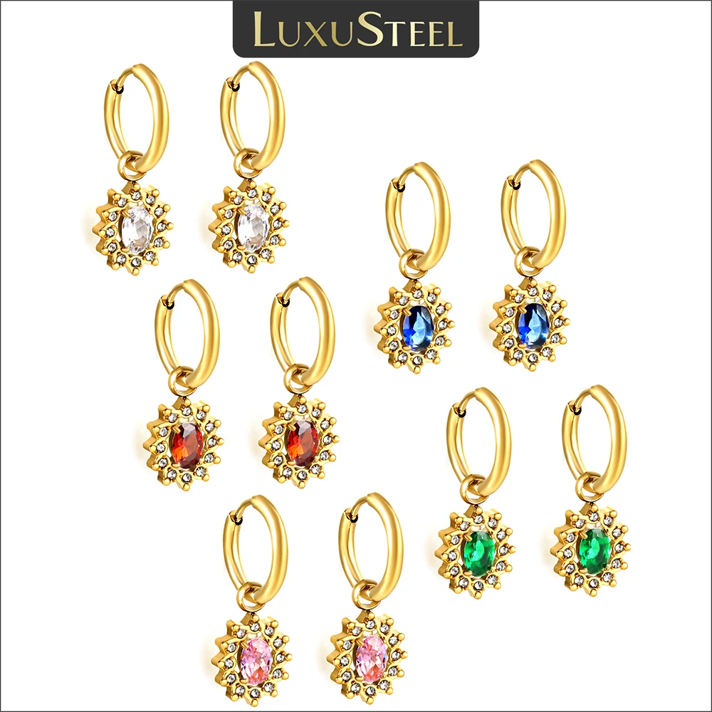 LUXUSTEEL Vintage Colorful Zircon Huggies With Oval Crystal Hoop Earrings Stainless Steel Women's Charm Jewelry Gifts