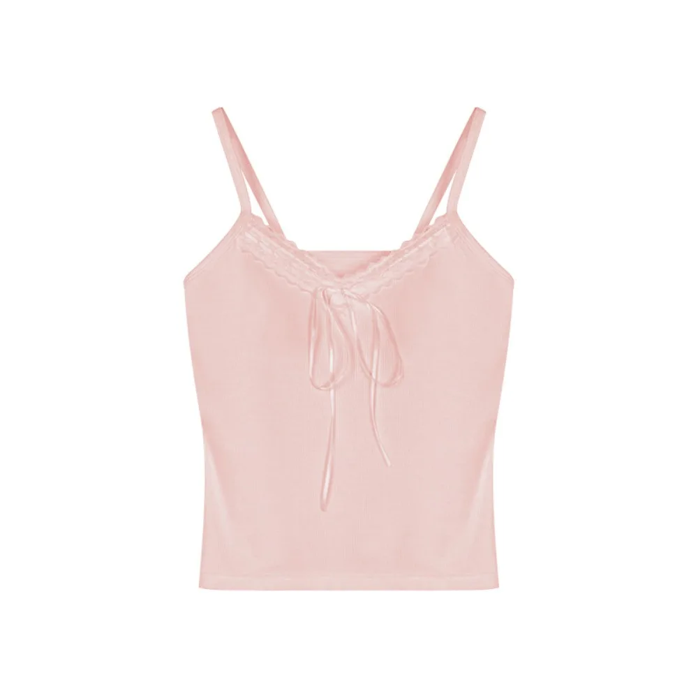 

Spicy Girl Style Sleeveless Slim Lace Crop Top Y2k Sweet Girl's Vest Top Solid Color Bottoming Shirt Camisole with Pads Lady