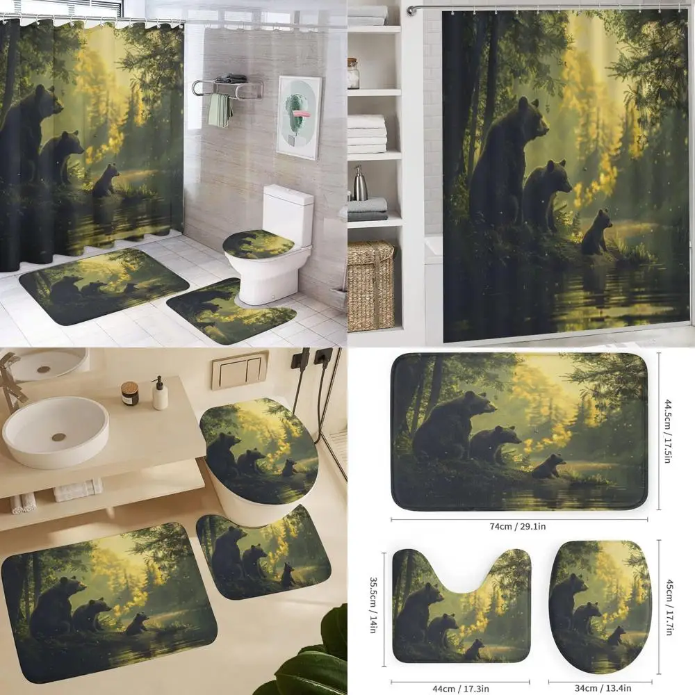 

Зеленый лес, дикая природа, черный медведь, набор занавесок для душа с крышкой унитаза, U-образным ковриком и нескользящими ковриками