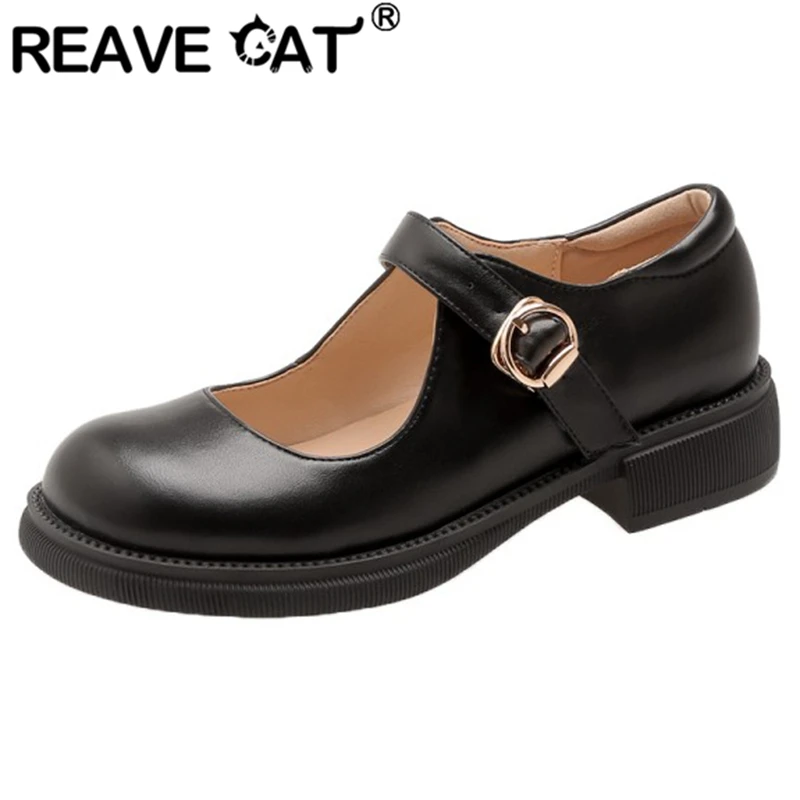 

REAVE CAT 2022, женская обувь, туфли-лодочки, туфли-лодочки с круглым носком, средний каблук, пряжка, ремешок, цвет 33–43, черный, белый цвет, весна S3050