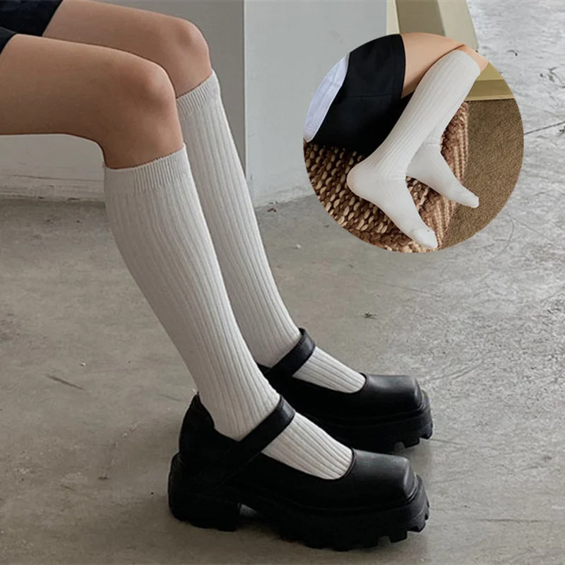 Ladies Girls Fashion Solid Knee Socks Women Knitting Cotton Long Socks Autumn Winter Warm Thigh High White Black Stockings