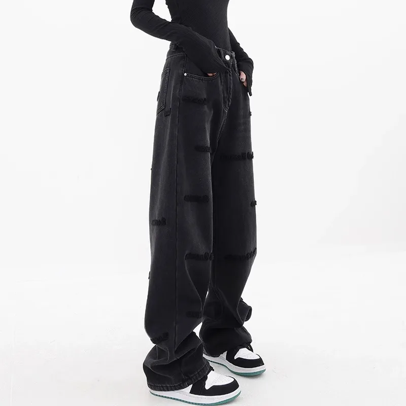 

High Waist Wide Leg Jeans Women's Autumn Winter Loose Fit Denim Pants Embroidered Letters Straight Cut American Workwear