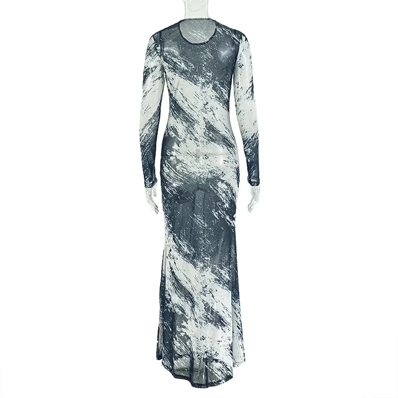Y2K Abstraktes Batik-Print Mesh Party Maxikleid Elegantes Damen Rundhals Langarm Bodycon Transparentes Abendkleid – Detail 11