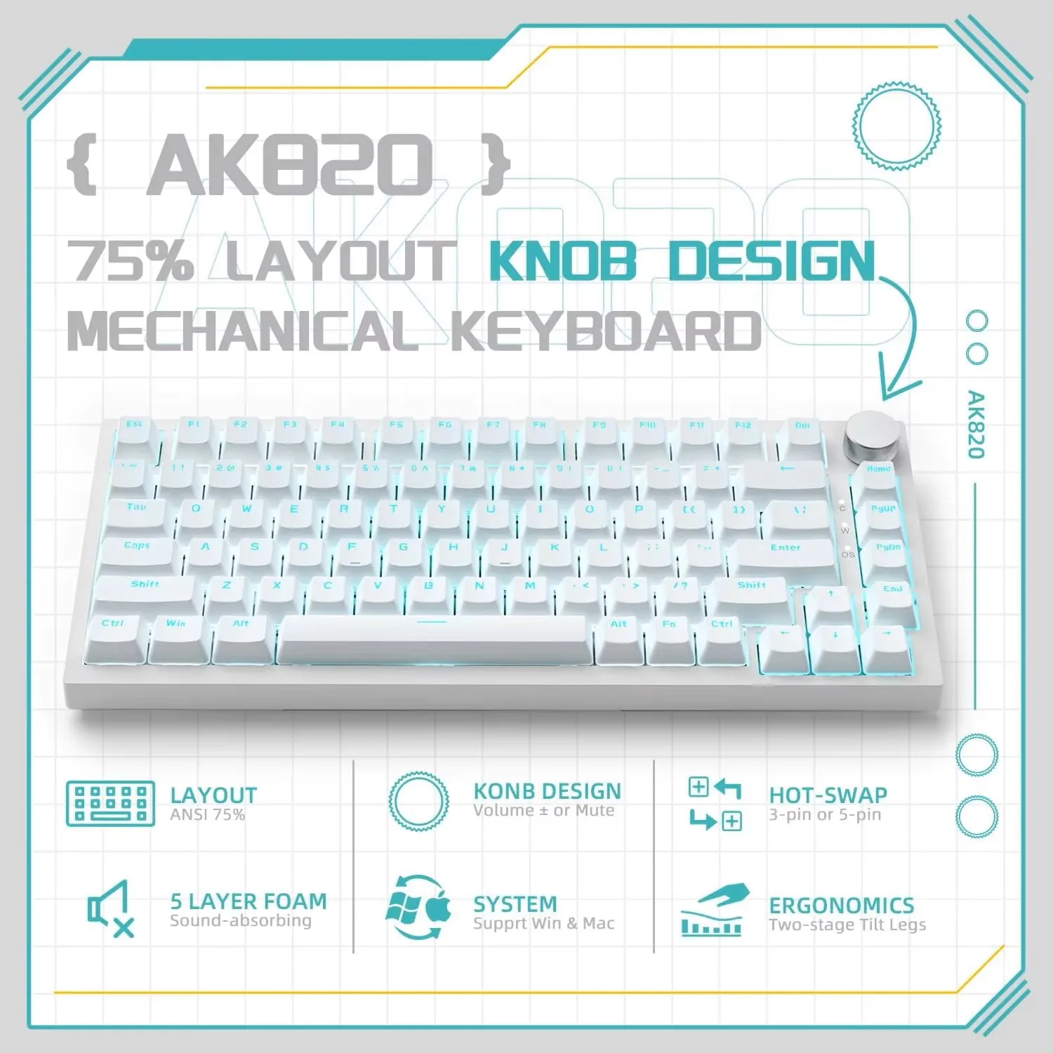 AK820 Wired Full-Key Hot-Swap Keyboard Removable USB Port White/Ice Blue Backlight Premium Sense Colorway