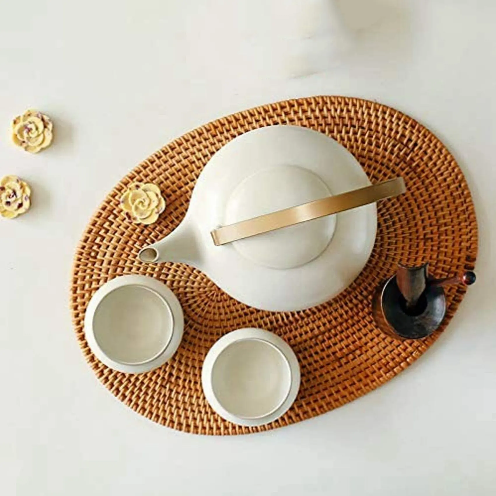ABMS-4 Pcs Oval Rattan Placemat,Natural Rattan Hand-Woven,Tea Ceremony Accessories,Suitable For Dining Room, Kitchen,Etc