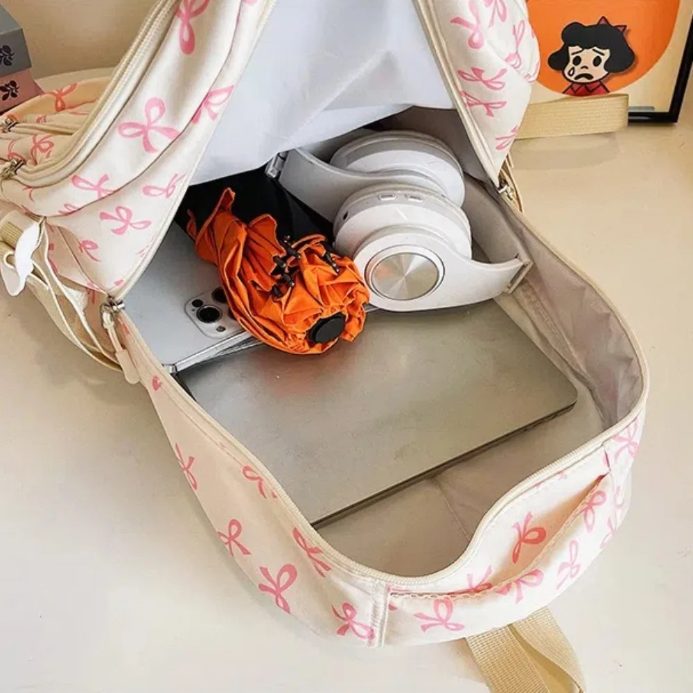 3 Pcs/Set Cute Large Capacity Bow Backpack Nylon Adjustable Strap Student Backpack Bow Print Travel Backpack