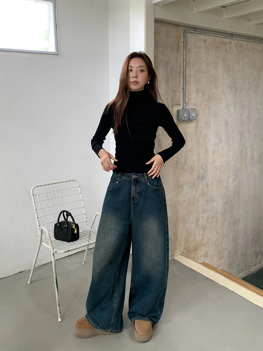 

Джинсовые джинсы с изогнутыми ножками в стиле ретро, женские повседневные длинные брюки в американском стиле с высокой талией, широкие брюки из хлопка, осень-зима