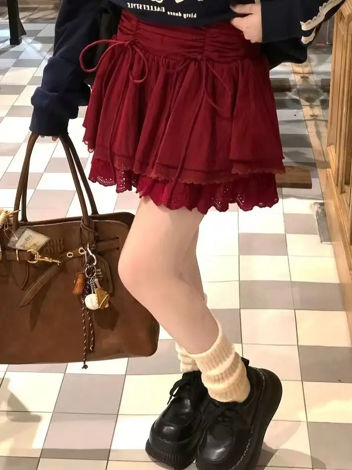 Kawaii Skirt Ballet Wine Red Cake Skirt Lace Splicing Half Body Skirt Puff Ultra Short Pants Solid Elegant Half Dress Streetwear
