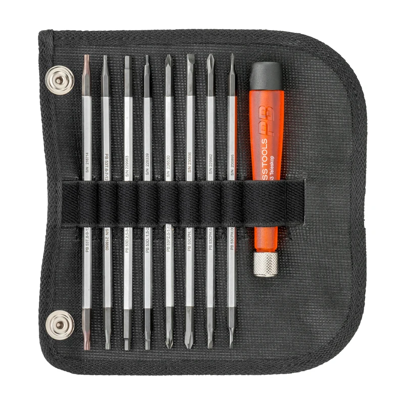 PB SWISS Precision Screwdriver Set with Telescopic Handle and Duplex Interchangeable Blades in a Compact Roll-up Case