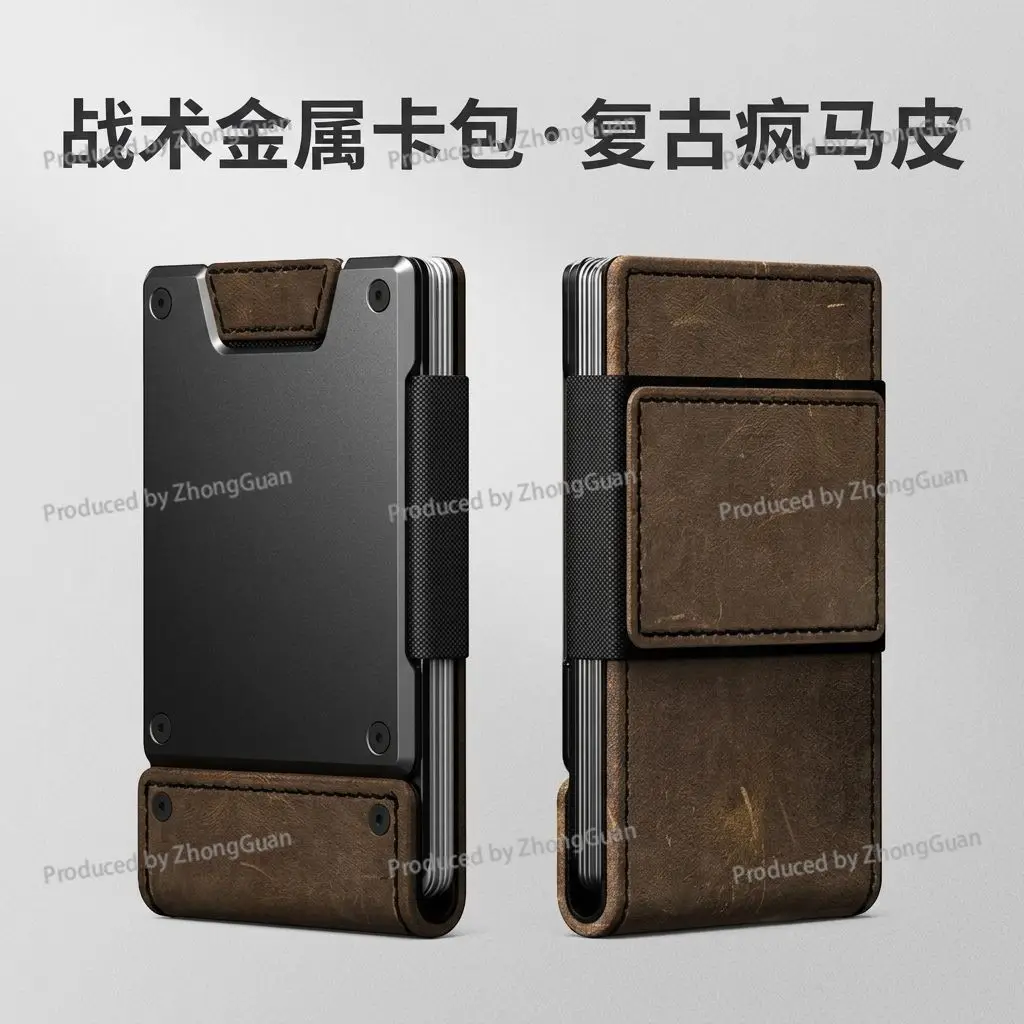 Tactical Metal Card Bag Men's Minimalist Wallet Retro Crazy Horse Leather Anti-theft Card Cover Aluminum Alloy Hardcore Wallet