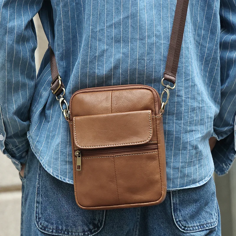 Leather men's crossbody bag, mobile phone storage, multi-functional square travel single-shoulder bag, crossbody bag