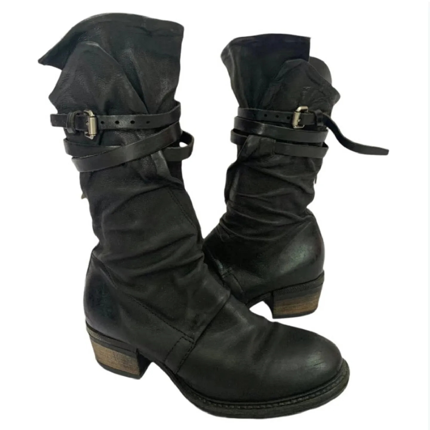 Botas de motociclista de cuero de gamuza para mujer, estilo vaquero occidental, con punta redonda, tacón grueso, hebilla de cinturón y cremallera, a media pantorrilla