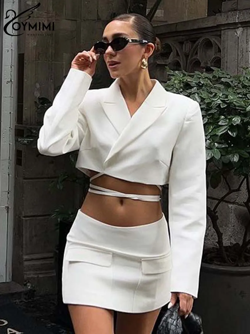 

Oymimi Fashion White Two Piece Set For Women Elegant Long Sleeve Lacae-Up Crop Tops And Low Waisted Pockets Mini Slirts Sets