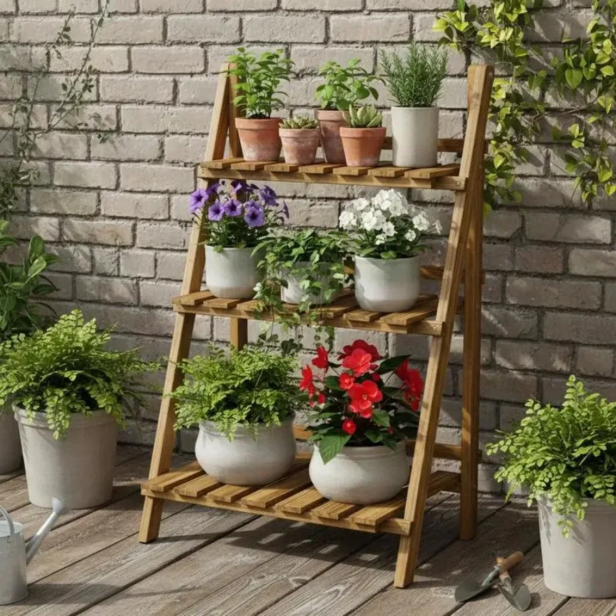 

Wooden Folding Flower Pot Stand 3 Tier Garden Planter Display Ladder Gardener Storage Shelves Rack Herb Holder (60L x 37W x 9