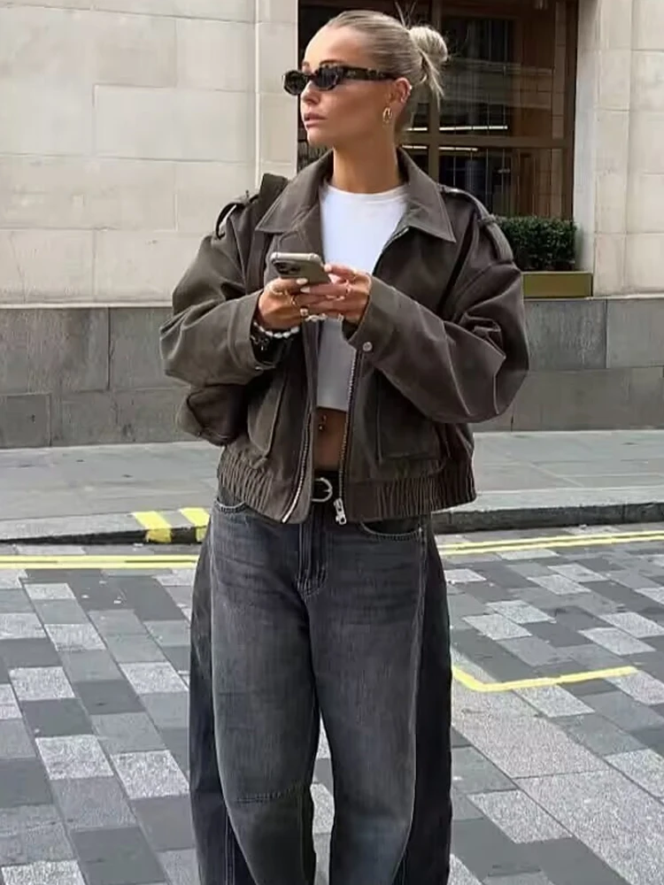 

Autumn Office Lady Outerwear Solid Faux Suede Short Jacket Womens Coat Long Sleeve Lapel With Pockets Zipper Fashion Texture