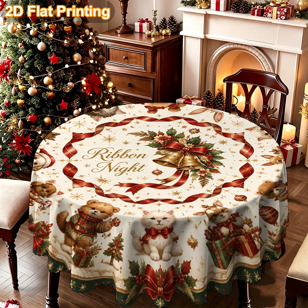Tablecloth Christmas Gift 2D Flat 1 Piece, Christmas Animal, Ringing Bell, Ribbon Print, Round Decorative Tablecloth