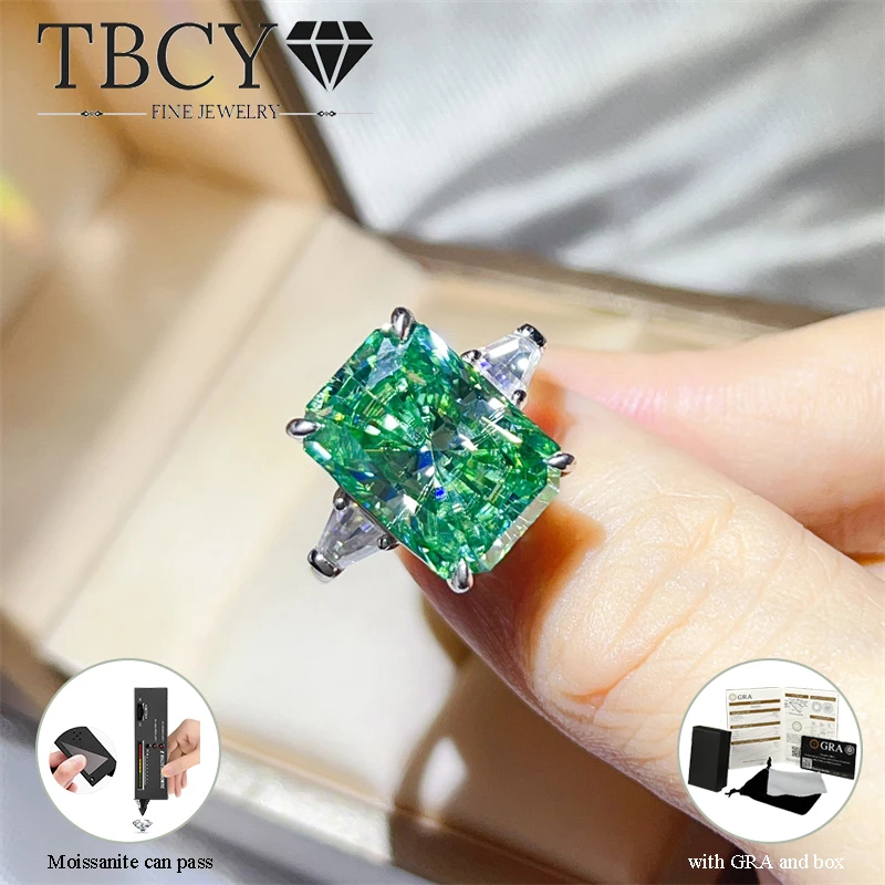 

TBCYD Luxury 5/10CT Radiant Green Moissanite Rings for Women 925 Silver D Color Ice Flower Cut Plated 18k Gold Evening Jewelry