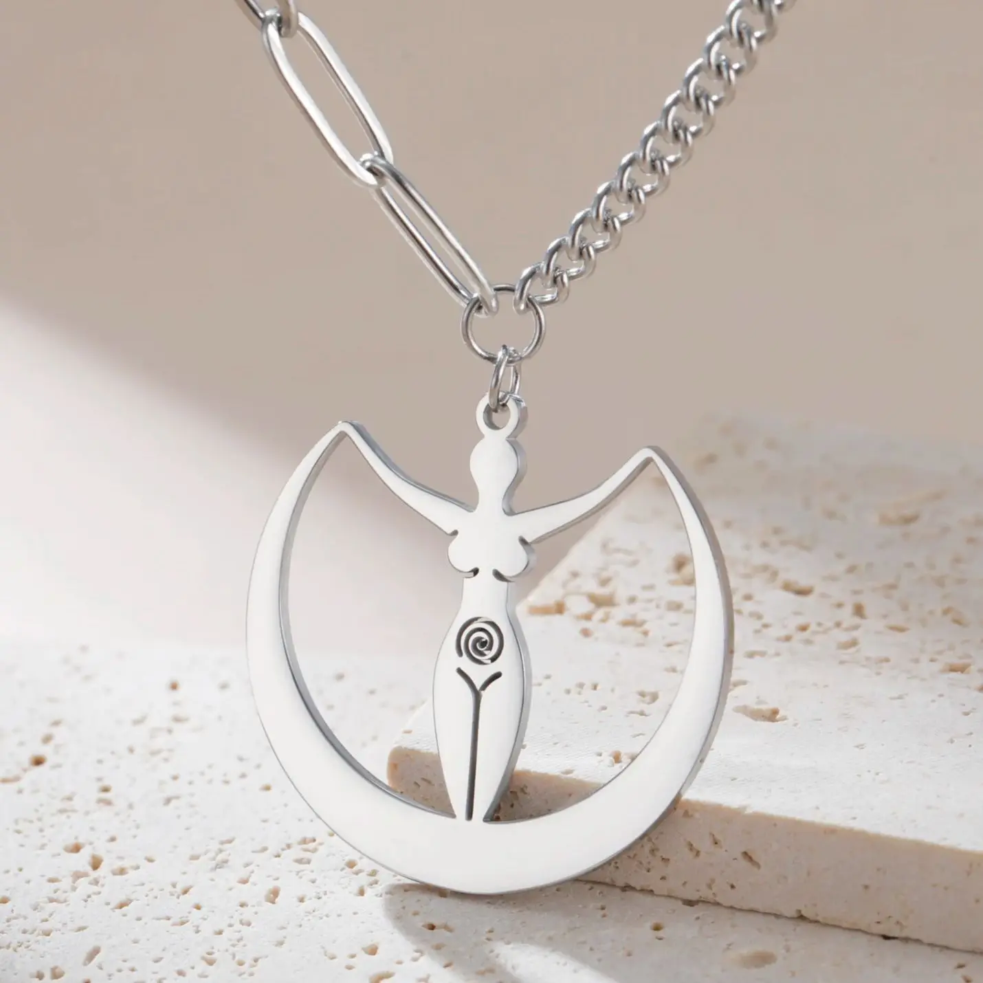 LIKGREAT Witchcraft Spiral Fertility Moon Goddess Pendant Necklace for Women Stainless Steel Moon Phase Cresent Amulet Jewelry