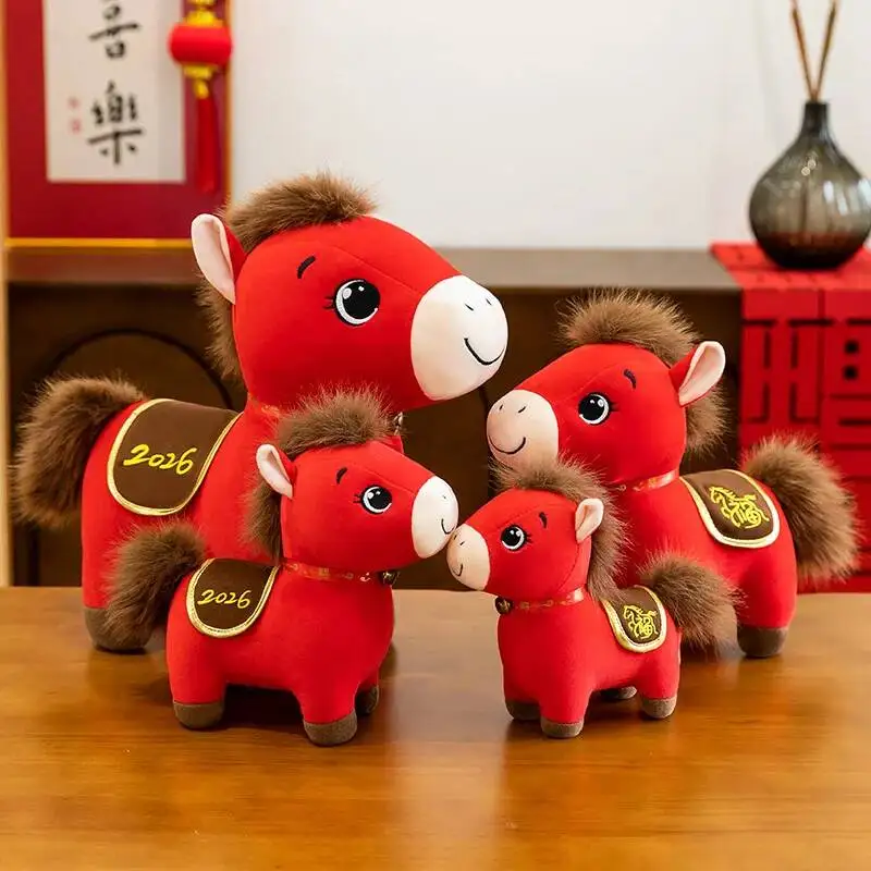 Lucky Stuffed Toy New Year Gift 2026 Standing Posture Horse Wearing A Bell Plush Doll Horse Year Zodiac Mascot Horse Toy