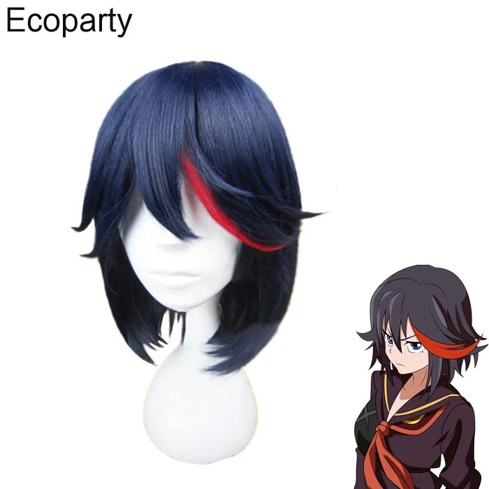 Anime KILL la KILL Double Slash Girl Cosplay Wig Short Blue With RedHeat Resistant Hair for Women Halloween Carnival Wigs Props