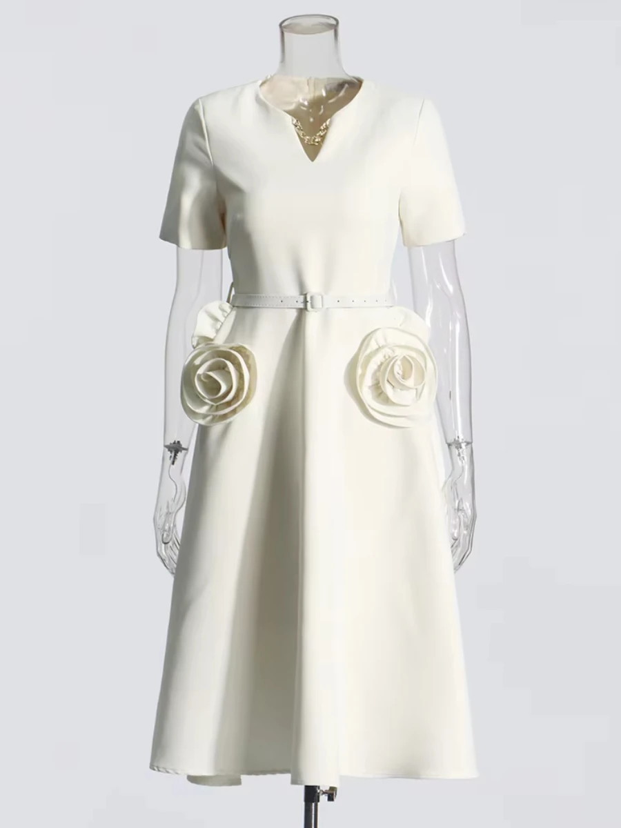 TWOTWINSTYLE Solid Slimming Spliced Belt Dresses for Women Round Neck Short Sleeves Patchwork 3D Flower Dress Female Clothes New