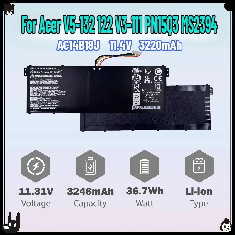 New 11.4V 36.7Wh AC14B18J AC14B13J for Acer Aspire ES1-511 ES1-512 V3-111P TravelMate B115 B116 MS2394 3 Cells