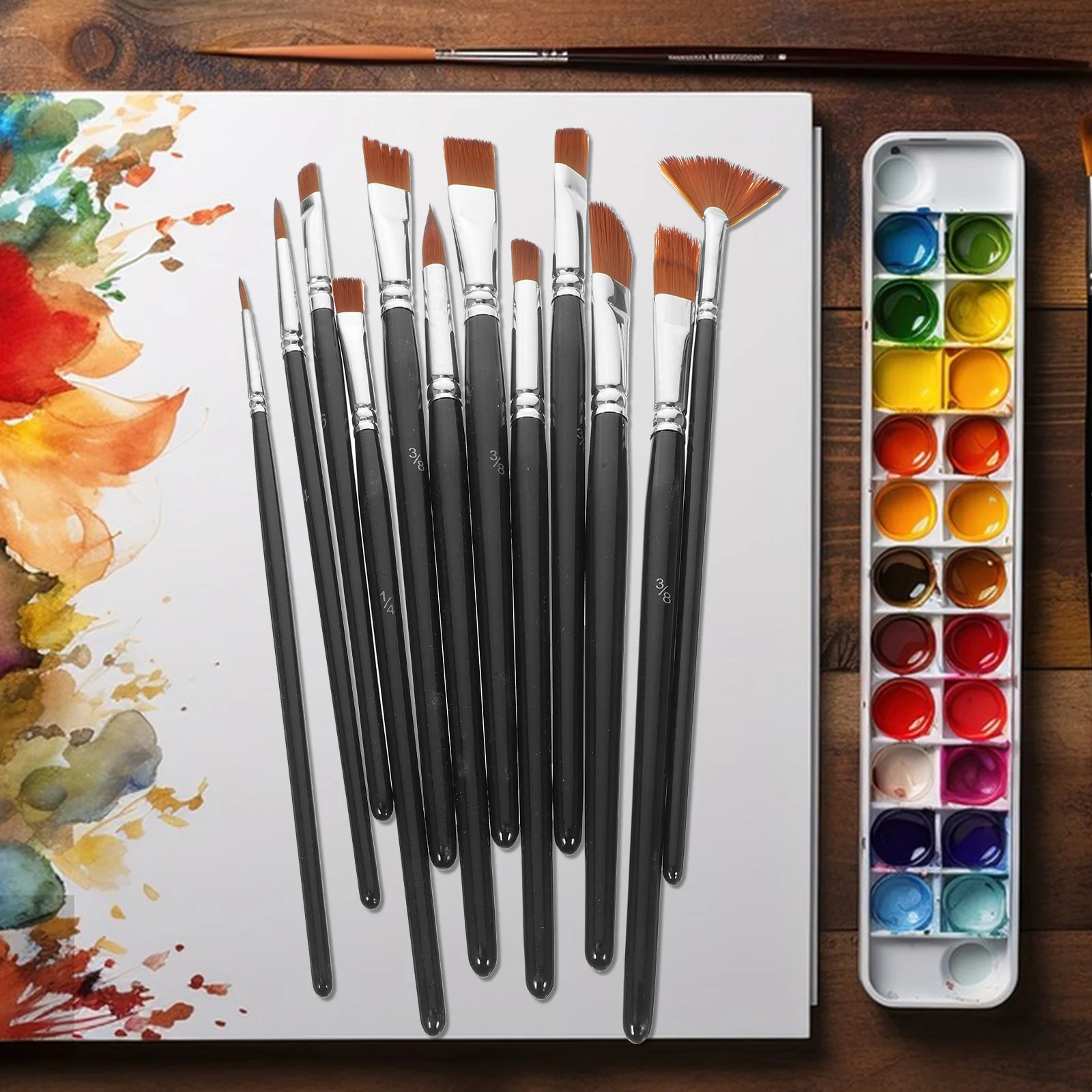 

12pcs Painting Nylon Wood Handle For Oil Acrylic Watercolor Art Student Accessories Paintbrushes Water Color Brush Kit