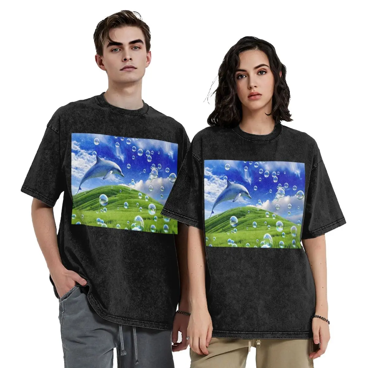 Frutiger Aero Dolphin Y2k Aesthetic Meadow With Bubbles And Mountains And Sky Washed T Shirts Short Sleeve Hip Hop T-Shirt