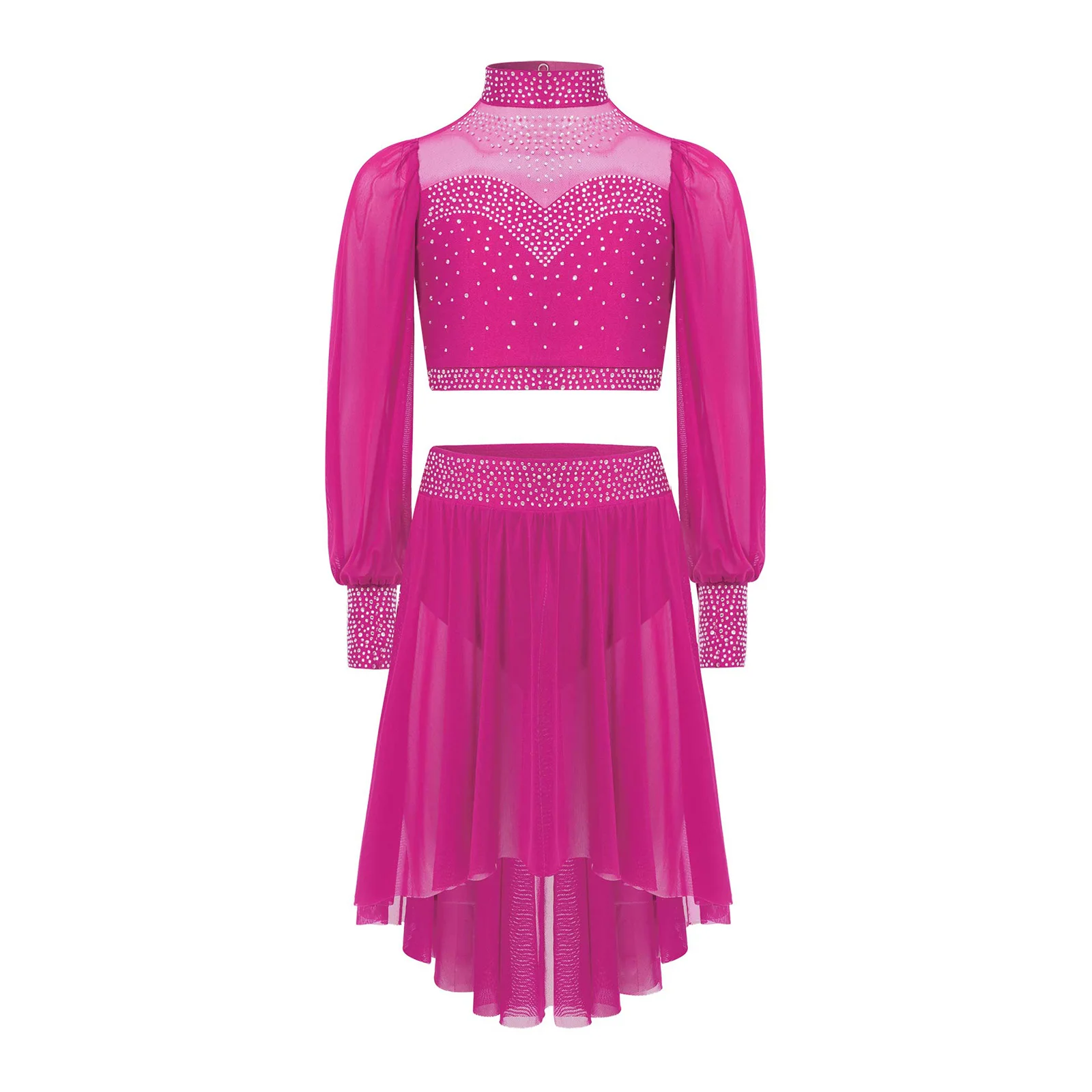 أطفال بنات الحديثة الغنائية الرقص الباليه التزلج أداء زي بقماش شفاف طويلة الأكمام لامعة حجر الراين المحاصيل القمم مع تنورة #3