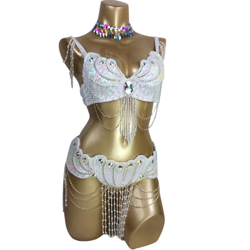 

2025 New Arrival Women's Beaded Belly Dance Costume Wear Bra+belt Set Sexy Ladies Bellydancing Costumes Bellydance Clothes 2152