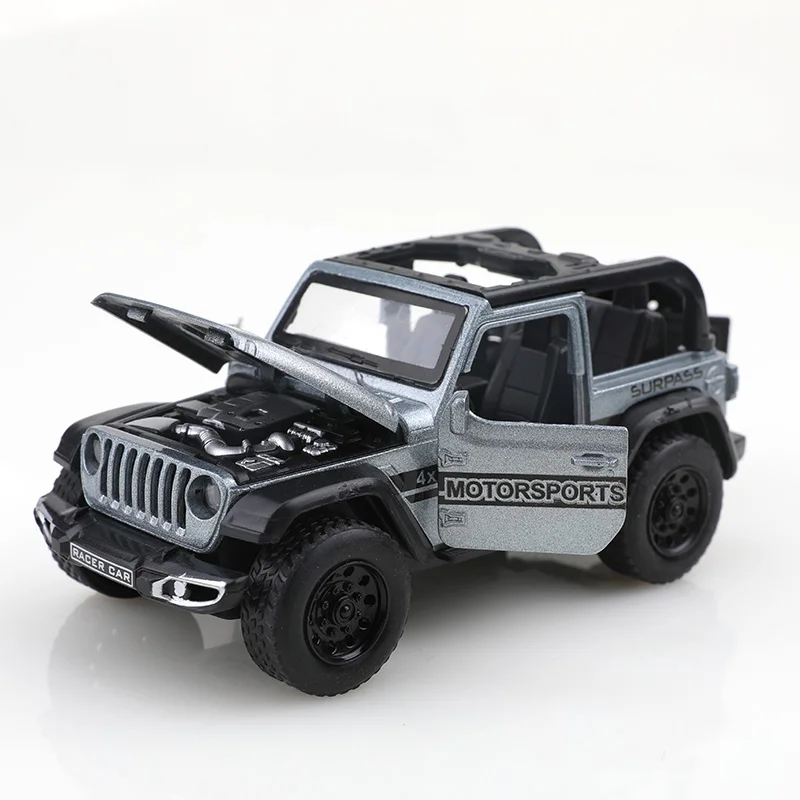 รถออฟโรดแบบเปิดประทุน (แบบมีถุง) ขนาด 1/36 รุ่น Wrangler ผลิตจากโลหะหล่อขึ้นรูป ของเล่นเด็กผู้ชาย เปิดประตูได้สี่บาน ฟังก์ชั่นดึงหลังเคลื่อนที่ได้