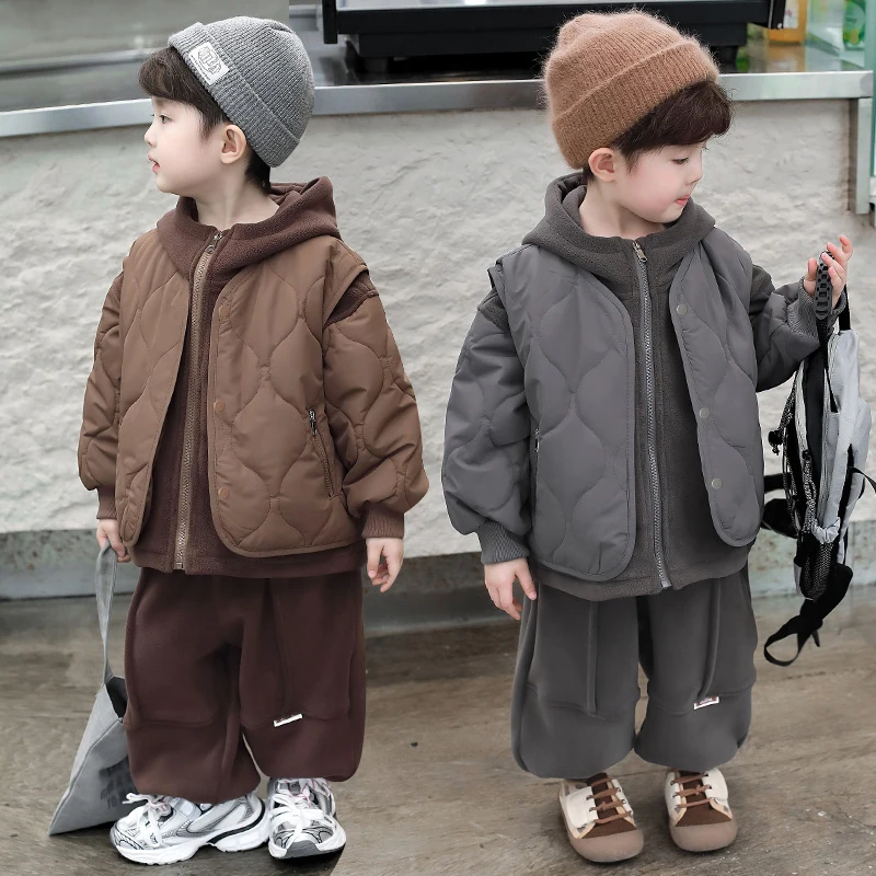 

Утепленный комплект для мальчиков: теплая футболка с длинным рукавом, жилет и длинные брюки из хлопковой смеси, молодежная повседневная спортивная одежда